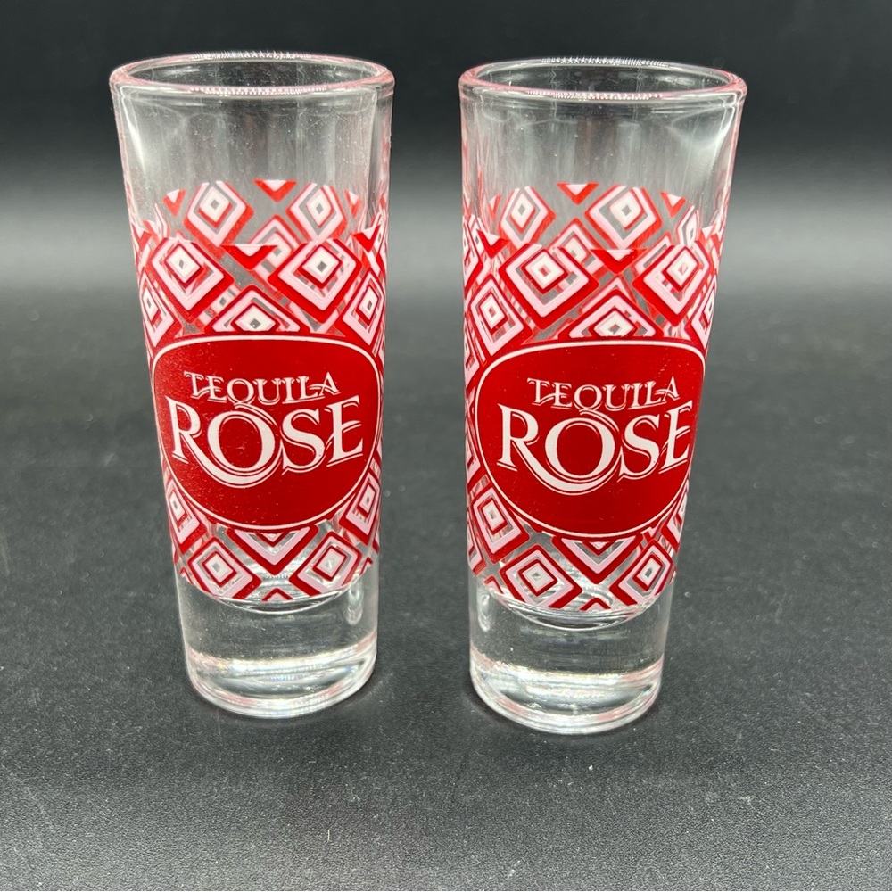 Set of 2 Tequila Rose Tall Shot Glasses – Red Geometric Pattern, 3.75” Barware
